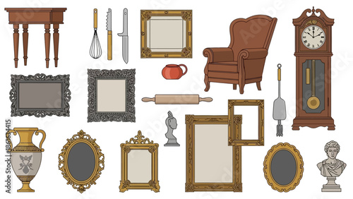 Vintage home decor collection: frames, furniture, and kitchen utensils in retro style