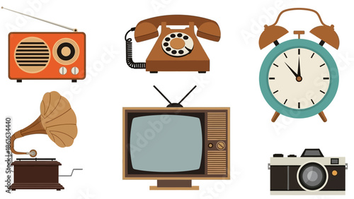 Retro technology set featuring vintage tv, radio, and camera designs