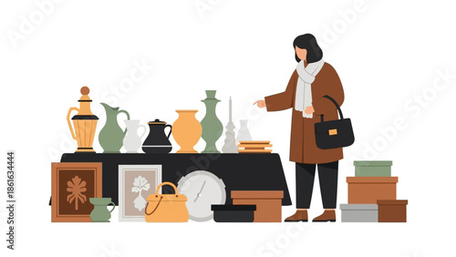 Woman shopping at antique market stall with vintage items on display