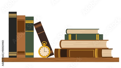 Classic bookshelf with vintage books and antique clock in flat design
