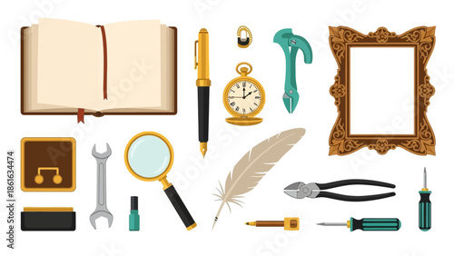 Collection of vintage tools and accessories in realistic style