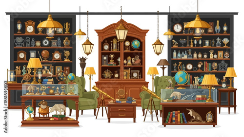 Vintage curiosity shop with antique cabinet and decorative display items in eclectic style