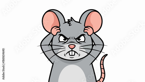 Illustration of a frustrated gray mouse with pink ears and hands on its head