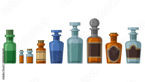 Vintage apothecary bottles collection in flat style
