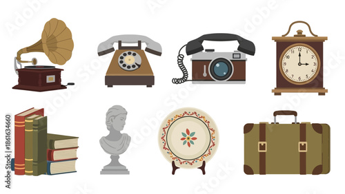 Vintage objects collection: retro electronics, classical decor, and timeless accessories