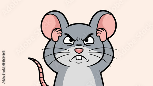 Close-up illustration of a gray mouse with pink ears and expressive face