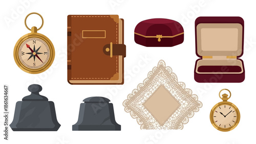 Vintage items collection featuring compass, journal, box, ink wells, and lace handkerchief
