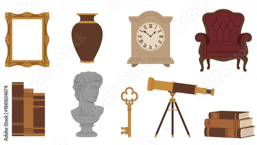 Vintage collection: antique objects featuring clock, telescope, armchair, and more