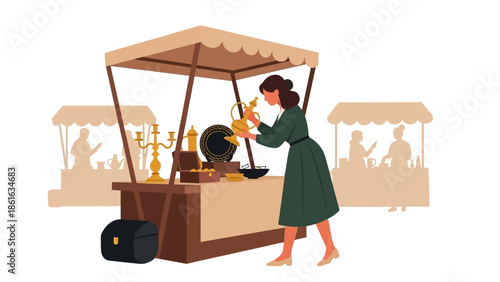 Vintage market shopping: woman browsing antique items at outdoor stall