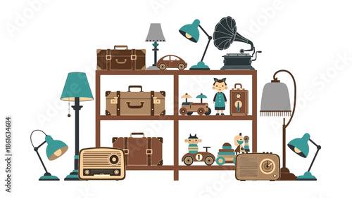 Vintage decor set with retro items, toys, and lamps on wooden shelves