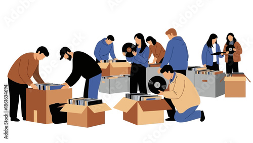Flat design: people collecting vinyl records at a market