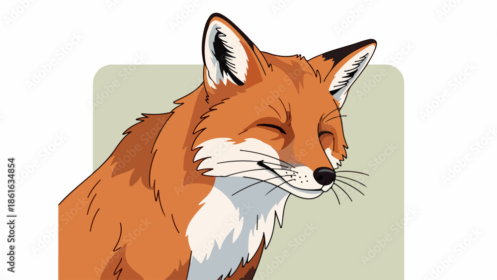 Obraz premium Vibrant illustration of a relaxed fox with earthy brown and orange fur, white chest and tail tip, black nose, and muted green background