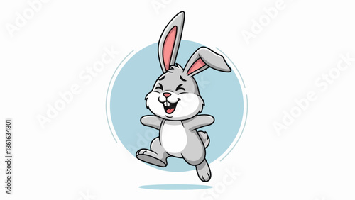 Cheerful cartoon rabbit with light gray fur and bright pink inner ears standing upright on hind legs