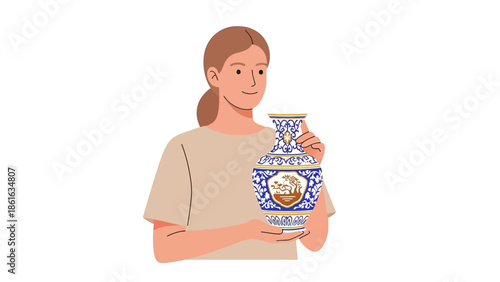 Woman holding decorative blue and white ceramic vase art