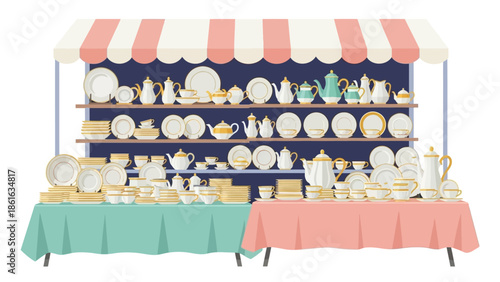Elegant porcelain display under market canopy with assorted dishware