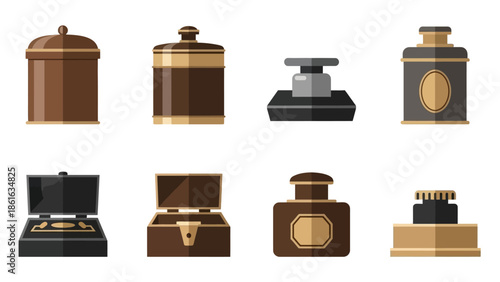 Vintage perfume and music box collection in flat design