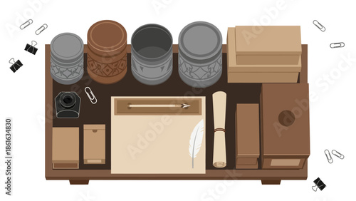 Vintage desk organizer with stationery and decorative jars on wooden tray