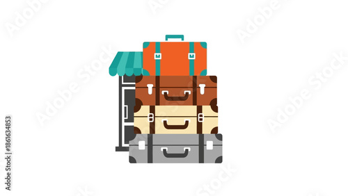 Colorful stack of retro suitcases with cart on white background