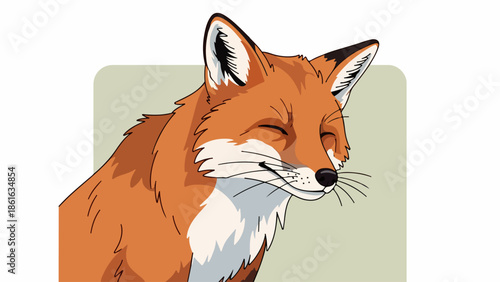 Vibrant illustration of a relaxed fox with earthy brown and orange fur, white chest and tail tip, black nose, and muted green background