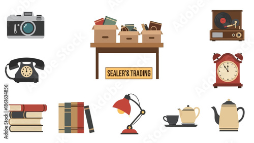 Vintage market treasures: camera, records, clock, and tea set icons