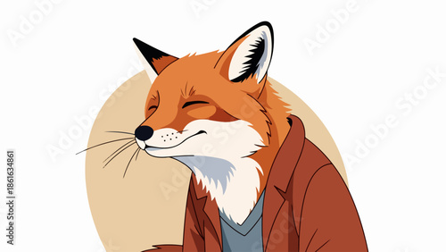 Illustration of a relaxed fox with reddish-brown fur and white underbelly on a light beige background