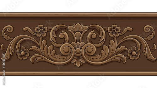Intricate ornamental floral wood carving design with baroque elements