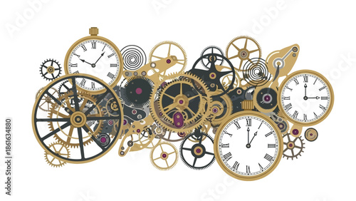 Intricate steampunk gear and clockwork collection with roman numerals