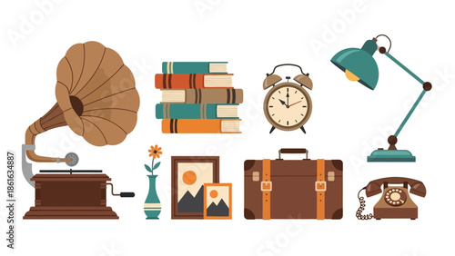 Retro home decor elements: vintage gramophone, books, alarm clock, lamp, suitcase, and telephone