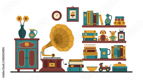 Vintage living room decor with bookshelves, gramophone, and retro toys