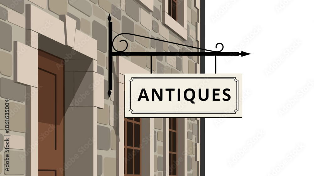 Obraz premium Vintage antiques shop sign on stone building in flat design
