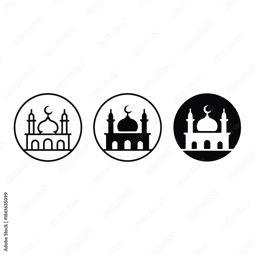 Obraz premium Three islamic mosque icons in circular frames black and white design