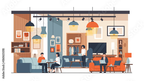 Modern co-working space with people working and interacting in a cozy environment