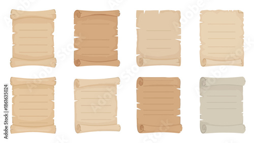 Collection of blank rolled vintage scrolls and parchments in flat design