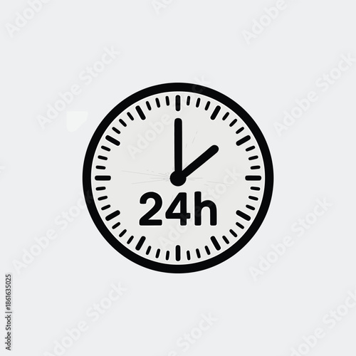 Simple black and white icon of a clock displaying twenty four hours
