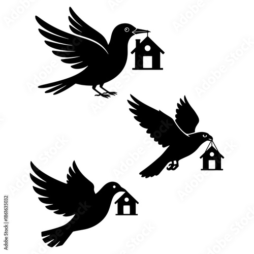 bird of pace with home, house sign. house moving concept, bird carrying a house