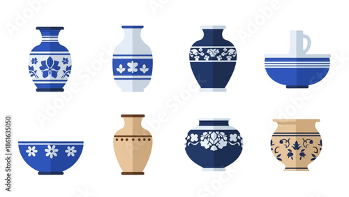 Elegant flat design ceramic vases and bowls with blue floral patterns