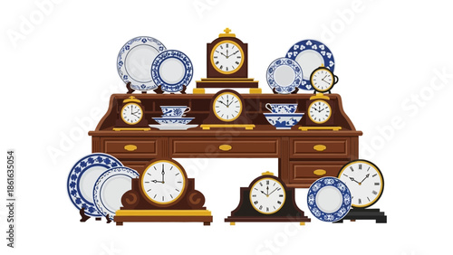 Antique clocks and china plates on wooden display cabinet