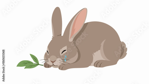 Relaxed rabbit nibbling on a green leaf in a natural setting