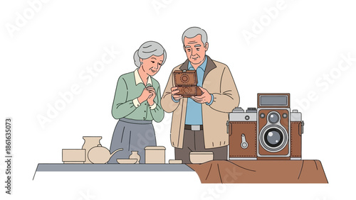 Elderly couple enjoying antique shopping with vintage camera