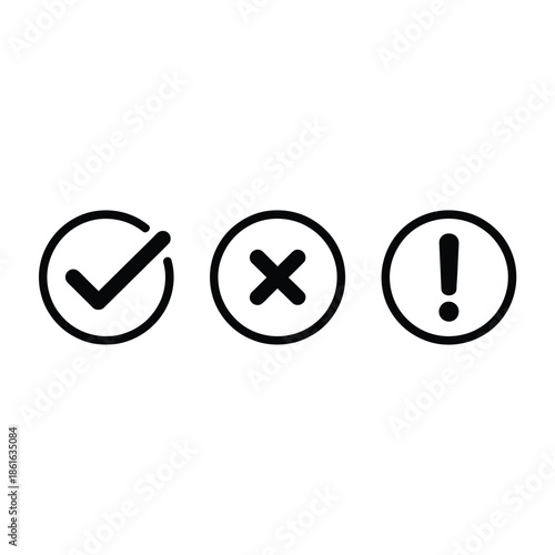 Simple black and white icons displaying check cross and exclamation marks