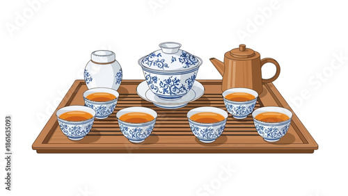 Traditional tea set on wooden tray with blue and white porcelain design