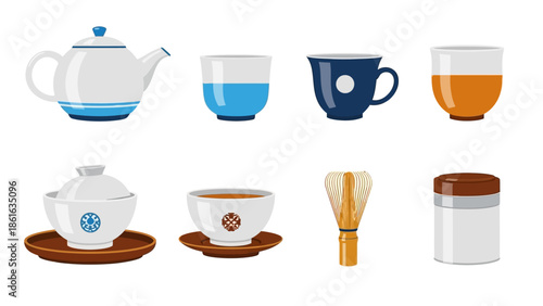 Modern tea set collection with whisk and canister in flat design