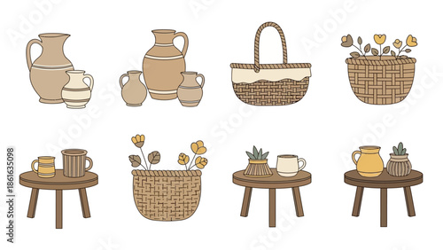 Rustic boho decor with pottery and wicker elements in earth tones