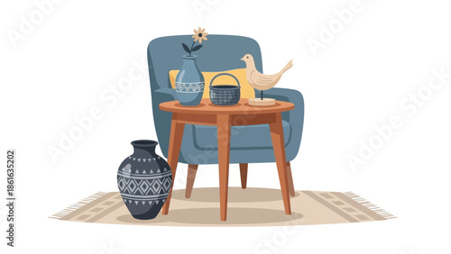 Cozy living room setup with armchair, table, and decorative items in minimalist style