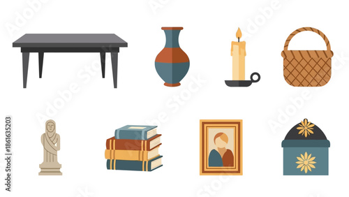 Flat style home decor elements with table, vase, candle, books, and basket