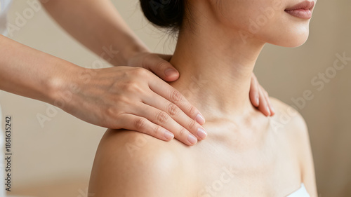 Close-up of a relaxing neck and shoulder massage performed by a professional therapist. Concept of wellness, stress relief, body care, and spa treatment.