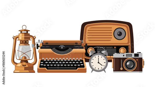 Vintage technology collection featuring typewriter and retro devices