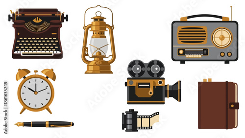 Vintage retro technology collection featuring typewriter, lantern, radio, camera, and clock in flat design