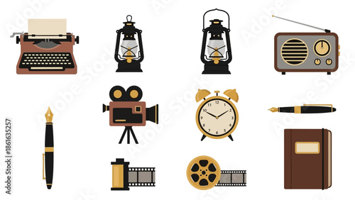 Vintage retro icons collection including typewriter, lantern, radio, film camera, clock, fountain pen, and notebook