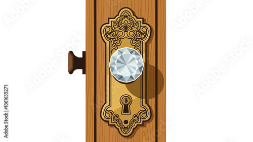 Vintage door knob with ornate brass plate on wooden door